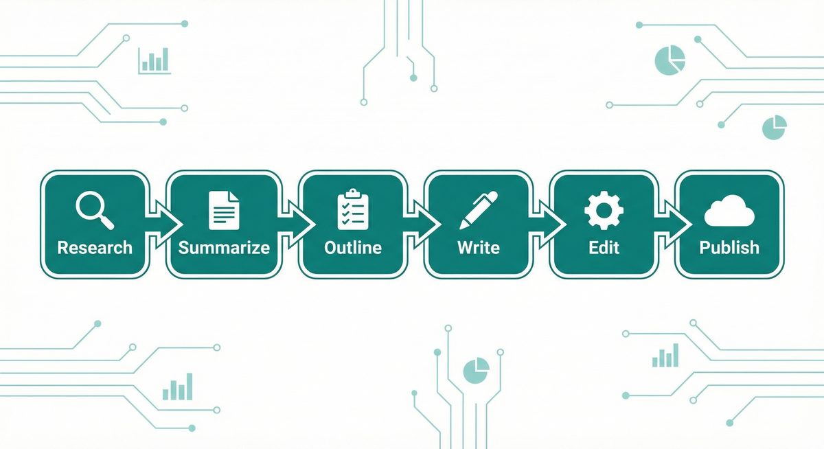 Workflow Pipeline：Research → Summarize → Outline → Write → Edit → Publish