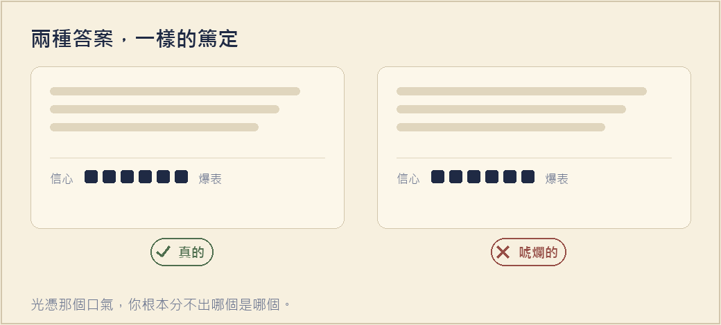 兩張一模一樣的 AI 答案卡，信心條都滿格，一張標「真的」一張標「唬爛的」